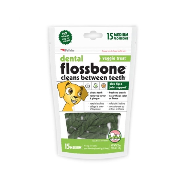 Image of Petkin Dental Flossbone Veggie Medium Dog Treats, a pack of 15 treats specially formulated to promote dental health in dogs