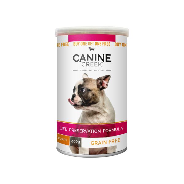 Canine Creek Puppy Tin Can 400g - Wet dog food with real chicken in gravy for puppies.