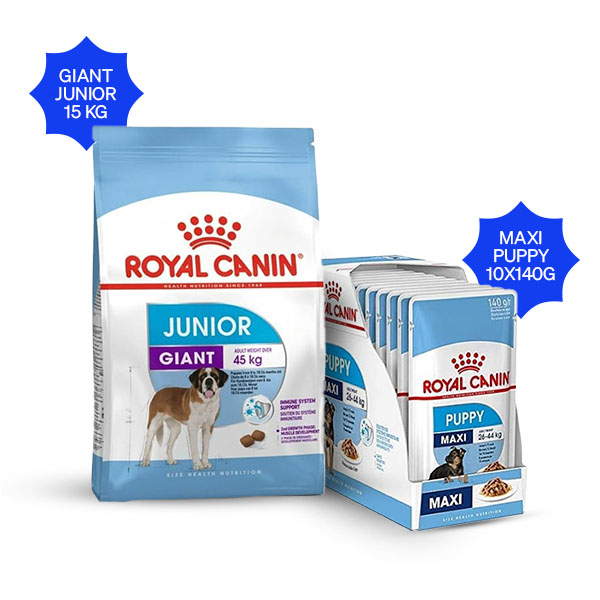 Royal Canin Size Giant Junior Dry Dog Food & Maxi Puppy Wet Dog Food Combo