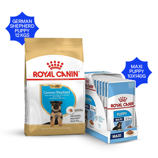 Royal Canin German Shepherd Puppy Dry Food & Maxi Puppy Wet Food Combo