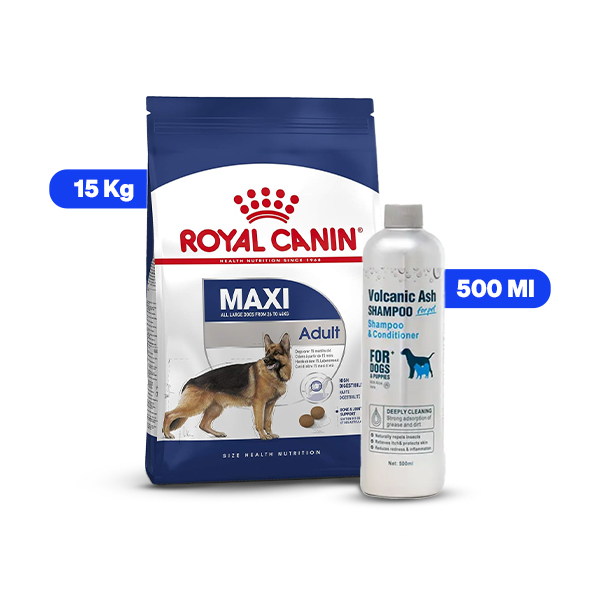 Royal Canin Maxi Adult Dry Dog Food & Aroma Groom Volcanic Ash Shampoo & Conditioner