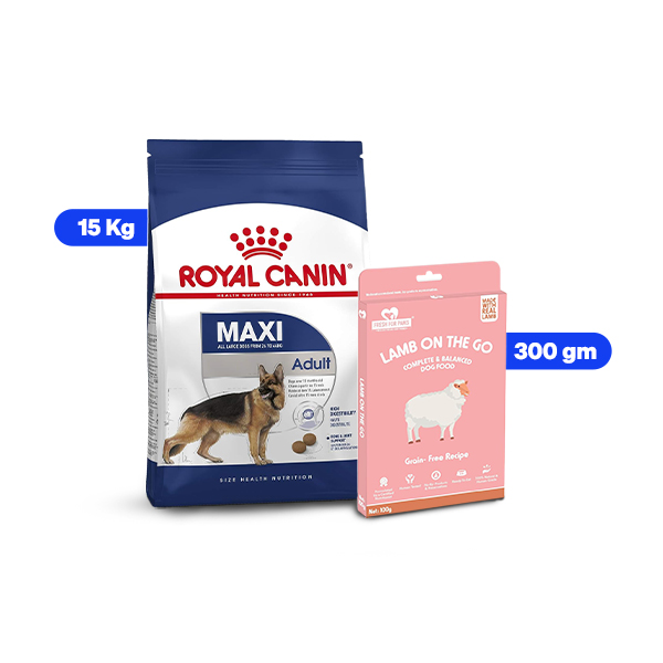 Royal Canin Maxi Adult Dry Dog Food & Fresh For Paws Lamb On The Go Wet Pet Food