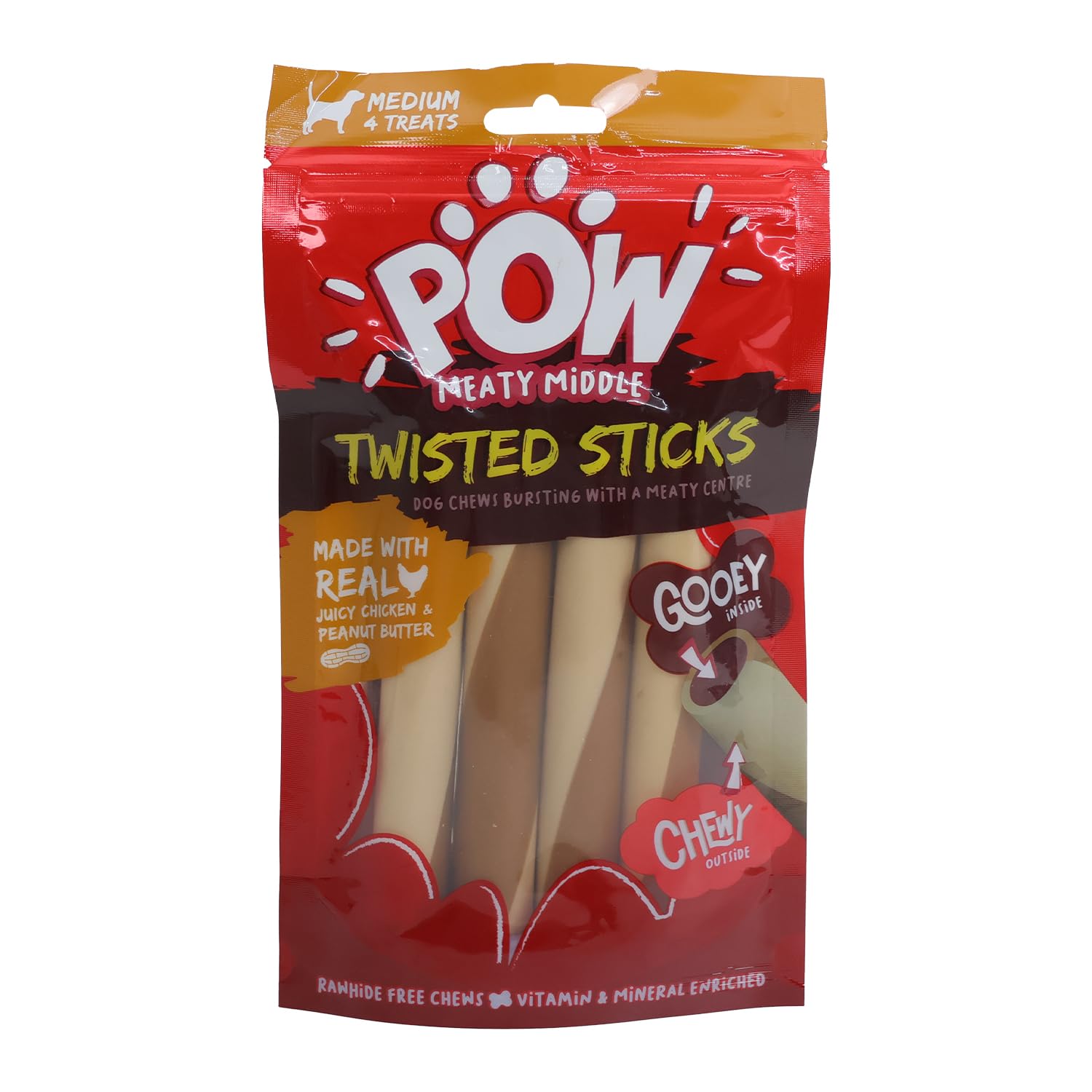 Pow meaty, chewy & gooey sticks, chicken & peanut butter, 4 pieces